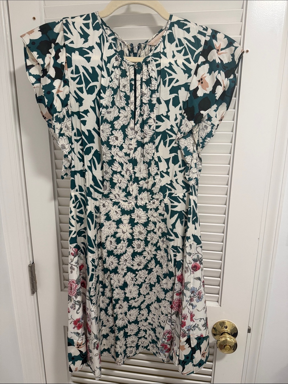Rebecca Taylor Floral Print Short Sleeve Dress in Green and White